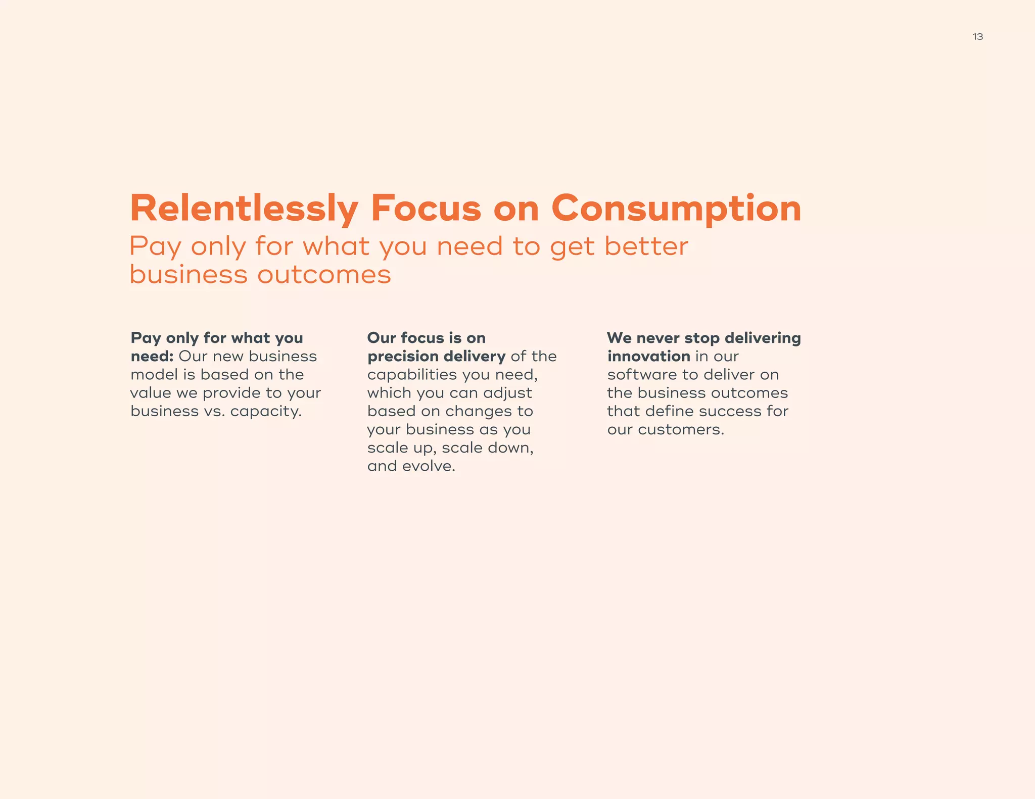 13
Relentlessly Focus on Consumption
Pay only for what you need to get better
business outcomes
Pay only for what you
need: Our new business
model is based on the
value we provide to your
business vs. capacity.
Our focus is on
precision delivery of the
capabilities you need,
which you can adjust
based on changes to
your business as you
scale up, scale down,
and evolve.
We never stop delivering
innovation in our
software to deliver on
the business outcomes
that define success for
our customers.
 