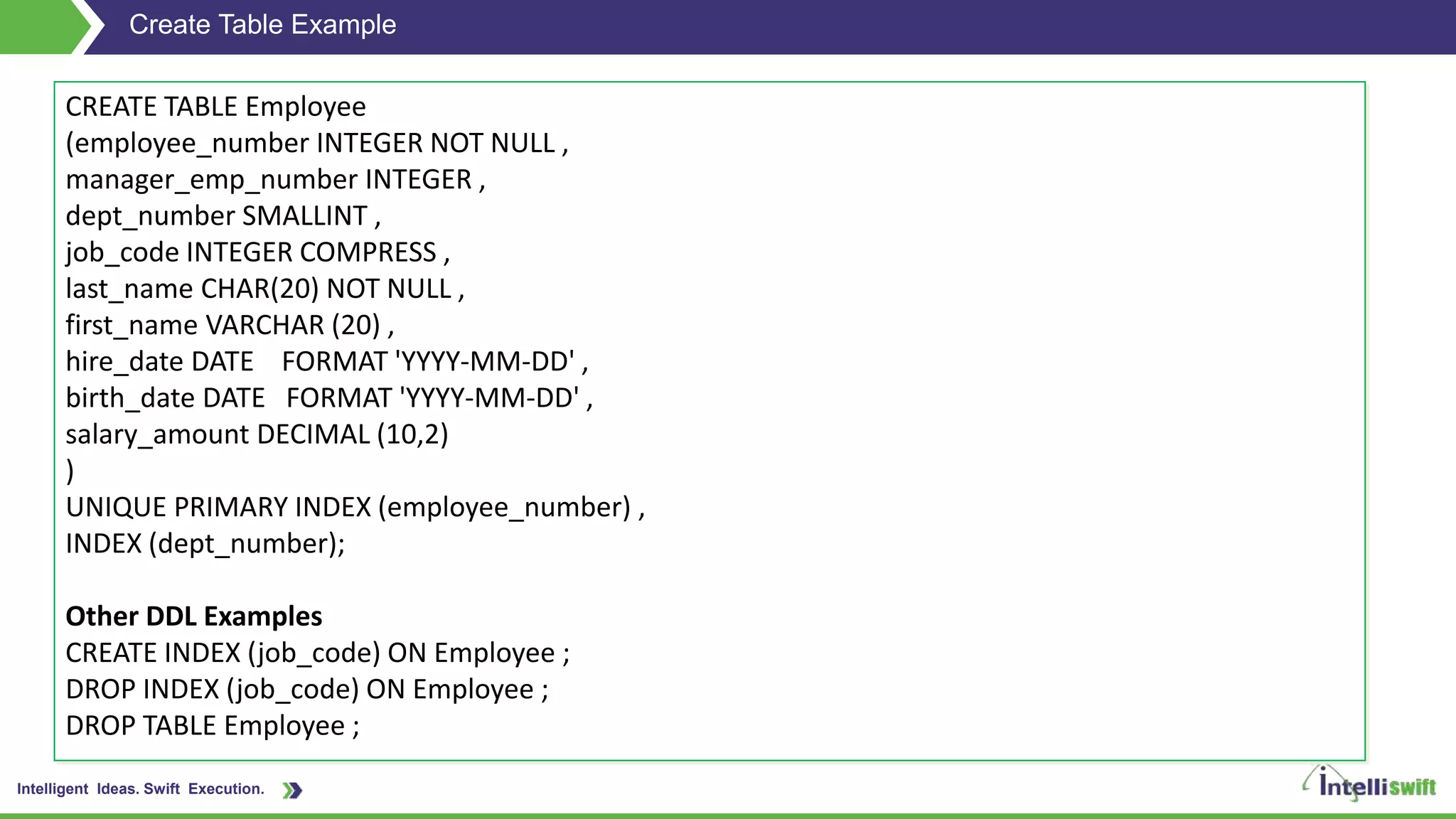 Intelligent Ideas. Swift Execution.
Create Table Example
CREATE TABLE Employee
(employee_number INTEGER NOT NULL ,
manager_emp_number INTEGER ,
dept_number SMALLINT ,
job_code INTEGER COMPRESS ,
last_name CHAR(20) NOT NULL ,
first_name VARCHAR (20) ,
hire_date DATE FORMAT 'YYYY-MM-DD' ,
birth_date DATE FORMAT 'YYYY-MM-DD' ,
salary_amount DECIMAL (10,2)
)
UNIQUE PRIMARY INDEX (employee_number) ,
INDEX (dept_number);
Other DDL Examples
CREATE INDEX (job_code) ON Employee ;
DROP INDEX (job_code) ON Employee ;
DROP TABLE Employee ;
 