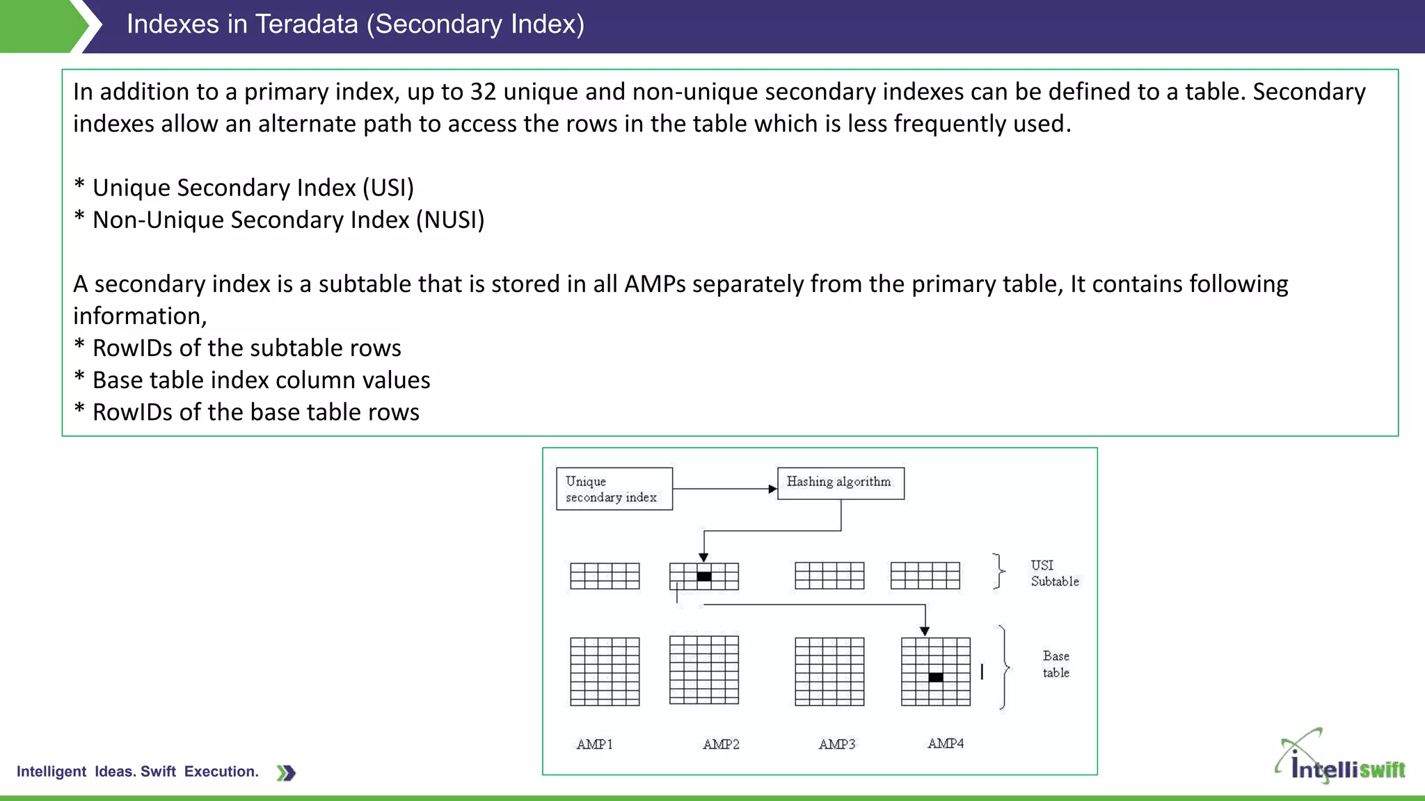 Intelligent Ideas. Swift Execution.
Indexes in Teradata (Secondary Index)
In addition to a primary index, up to 32 unique and non-unique secondary indexes can be defined to a table. Secondary
indexes allow an alternate path to access the rows in the table which is less frequently used.
* Unique Secondary Index (USI)
* Non-Unique Secondary Index (NUSI)
A secondary index is a subtable that is stored in all AMPs separately from the primary table, It contains following
information,
* RowIDs of the subtable rows
* Base table index column values
* RowIDs of the base table rows
 