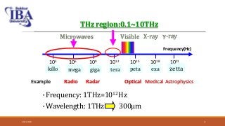 ・Frequency: 1THz=1012Hz
・Wavelength: 1THz 300µm
103 106 109 10181012 1015
killo mega giga tera peta exa
1021
zetta
THz region:0.1~10THz
Visible X-ray γ-rayMicrowaves
Frequency(Hz)
Example Radio Radar Optical Medical Astrophysics
5/12/2018 7
 