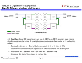 TeraLink II: Gigabit com Throughput Real
GigaBit Ethernet wireless e full duplex

                     NMS                                                                    NMS
                                                    ODU             ODU
  1 Gbps                                                                                                           1 Gbps
                     GigE              IDU                                  IDU             GigE
                                                    ODU             ODU



                                                    ODU             ODU

                                       IDU                                  IDU
                                                    ODU             ODU

               Master Trunk 1
                                                  Configuração 4+0
               Slave Trunk 2



      4+0 East/East: Cada IDU trabalha com um par de ODU’s. As ODUs apontam para mesma
      direção em canais diferentes. O propósito dessa configuração é aumentar o throughput do
      enlace.
      enlace
           –   Capacidade máxima é de 1 Gbps full duplex (com canais de 50 ou 56 Mbps de BW).
           –   Sistema Intrinsecamente Protegido: a perda de um link reduz somente 25% do throughput.
           –   A IDU Master tem 3 portas em trunk e IDU Slave tem 2 portas em trunk
                                                                              trunk.
           –   Seleção da IDU Master/Slave através de interface GUI.
                                                                                                GigaCom Confidential and Proprietary
                                                          Page 10
 