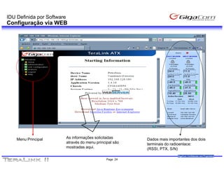 IDU Definida por Software
Configuração via WEB




    Menu Principal
               p            As informações solicitadas      Dados mais importantes dos dois
                                                                           p
                            através do menu principal são
                             t é d             i i l ã      terminais do radioenlace:
                            mostradas aqui.                 (RSSI, PTX, S/N)
                                                                            GigaCom Confidential and Proprietary
                                                  Page 24
 