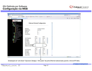IDU Definida por Software
Configuração via WEB




     Sinalização de “Link Down” Opcional: Desliga o “link pulse” da porta Ethernet selecionada quando o link de RF falha.

                                                                                                              GigaCom Confidential and Proprietary
                                                              Page 27
 
