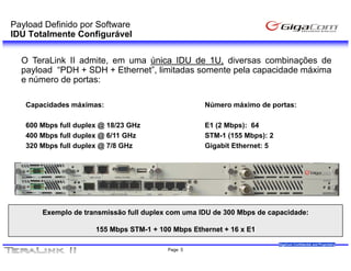 Payload Definido por Software
IDU Totalmente Configurável

  O TeraLink II admite, em uma única IDU de 1U, diversas combinações de
  payload “PDH + SDH + Ethernet”, limitadas somente pela capacidade máxima
  e número de portas:
              p

   Capacidades máximas:                             Número máximo de portas:

   600 Mbps full duplex @ 18/23 GHz                 E1 (2 Mbps): 64
   400 Mbps full duplex @ 6/11 GHz                  STM-1 (155 Mbps): 2
   320 Mbps full duplex @ 7/8 GHz                   Gigabit Ethernet: 5




       Exemplo de transmissão full duplex com uma IDU de 300 Mbps de capacidade:

                      155 Mbps STM-1 + 100 Mbps Ethernet + 16 x E1
                               STM-
                                                                          GigaCom Confidential and Proprietary
                                         Page 5
 