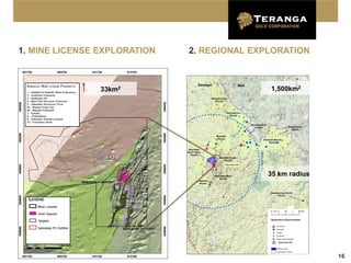 1. MINE LICENSE EXPLORATION   2. REGIONAL EXPLORATION



                33km2                        1,500km2




                                             35 km radius




                                                            16
 