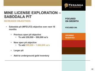 MINE LICENSE EXPLORATION –
SABODALA PIT                                         FOCUSED
INCREASED OBJECTIVES:                                ON GROWTH

 •   Sabodala pit (MFE/LFZ) objective over next 18   FOCUSED ON:
     months

      •   Previous open pit objective                GROWING
           • To add 250,000 – 500,000 oz’s           RESERVES

      •   New open pit objective
           • To add 500,000 – 1,000,000 oz’s

      •   Larger pit

      •   Add to underground gold inventory




                                                                   22
 
