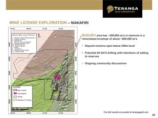 MINE LICENSE EXPLORATION – NIAKAFIRI


                                 Niakafiri area has ~300,000 oz’s in reserves in a
                                 mineralized envelope of about ~800,000 oz’s

                                 • Deposit remains open below 200m level

                                 • Potential 2H 2012 drilling with intentions of adding
                                   to reserves

                                 • Ongoing community discussions




                                                  Full drill results are posted at terangagold.com
                                                                                                     24
 