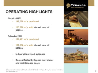 OPERATING HIGHLIGHTS
   Fiscal 2011(1)
       • 147,728 oz’s produced

             •     153,728 oz’s sold at cash cost of
                   $872/oz

   Calendar 2011
       • 131,461 oz’s produced

             •     137,136 oz’s sold at cash cost of
                   $900/oz

             •     In line with revised guidance

             •     Costs affected by higher fuel, labour
                   and maintenance costs


(1) Fiscal year is from October 1, 2010 to December 31, 2011, a 15 month year. Teranga has converted from a June
30 to calendar year end.                                                                                           5
 