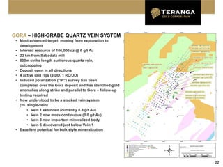 GORA – HIGH-GRADE QUARTZ VEIN SYSTEM
 • Most advanced target: moving from exploration to
   development
 • Inferred resource of 106,000 oz @ 6 g/t Au
 • 22 km from Sabodala mill
 • 800m strike length auriferous quartz vein,
   outcropping
 • Deposit open in all directions
 • 4 active drill rigs (3 DD, 1 RC/DD)
 • Induced polarization (“IP”) survey has been
   completed over the Gora deposit and has identified gold
   anomalies along strike and parallel to Gora – follow-up
   testing required
 • Now understood to be a stacked vein system
   (vs. single-vein)
        • Vein 1 extended (currently 8.8 g/t Au)
        • Vein 2 now more continuous (3.0 g/t Au)
        • Vein 3 now important mineralized body
        • Vein 5 discovered just below Vein 1
 • Excellent potential for bulk style mineralization




                                                             22
 