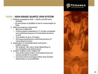 GORA – HIGH-GRADE QUARTZ VEIN SYSTEM
   1. Drilling completed to date – 144 RC and DD holes,
         24,705m
      • Current phase of 25,000m to test to vertical depth of
        130m
   2. Step-out program commenced
      • Minimum 2,400m DD
      • 9 hole program expanded to 11, 8 holes completed
          and confirmed presence of mineralized structure
          in all 8
      • True widths of up to 12 metres
      • All assays pending but confirmed presence of
          mineralized structure
   3. Exploration of immediate North and South –
         6,200m program
      • RC program, late July to Sept (depending on
          rig availability and performance)
   4. Further 10,000m of RC, 5,000m DD
      • Test strike extent of Gora mineralized trend and
          nearby parallel IP anomalies
      • Commencement of program likely early October
          (depending on rig availability)




                                                                23
 