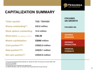 CAPITALIZATION SUMMARY
                                                                                                             FOCUSED
Ticker symbol:                                                TGZ: TSX/ASX                                   ON GROWTH

Shares outstanding(1):                                        245.6 million                                  FOCUSED ON:

Stock options outstanding:                                    14.4 million
                                                                                                             GROWING
Share price (as at September 12, 2011):                       C$2.28
                                                                                                             RESERVES

Market capitalization:                                        C$560 million
                                                                                                             GROWING
                                                                                                             PRODUCTION
Cash position(2)(3):                                          US$65.9 million
                                                                                                             FINANCIAL
Debt position(2)(4):                                          US$20.1 million                                STRENGTH

Net cash position(2):                                         US$45.8 million


(1) As part of the demerger Mineral Deposits Ltd. retained 40 million TGZ shares and received C$50 million
from the IPO proceeds.
(2) As at June 30, 2011
(3) Includes short-term investments and restricted cash
(4) US$23.6 MM drawn under the mining fleet finance lease facility with Societe Generale.
                                                                                                                           3
 