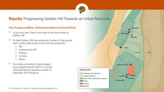 16
Five Prospects Within ~6-Kilometre Radius of Central Point
• In just one year, there have been three discoveries at
Golden Hill
• To date Golden Hill has produced a series of high-grade,
near-surface drill results at the first five prospects:
– Ma
– Jackhammer Hill
– Peksou
– C-Zone
– Nahiri
• The close proximity of these targets
and prospects lends itself to a central
mill/multi-deposit operation similar to
Sabodala and Wahgnion
For full details on Golden Hill, please visit www.terangagold.com
Rapidly Progressing Golden Hill Towards an Initial Resource
GEOLOGY
Tarkwaian Type Sediments
Volcano Sediments
Mixed Volcano Sediments & Volcanics
Basalt
Grantoid
Batholith
Ma North
Ma Main
Ma East
Jackhammer Hill
PeksouC-Zone
B-Zone
A-Zone
Nahiri
 