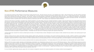 28
Non-IFRS Performance Measures
The Company has included non-IFRS measures in this document, including “total cash costs”, “total cash costs per ounce sold”, “all-in sustaining costs” (“AISC”), “AISC (excluding cash / (non-cash) inventory movements
and amortized advanced royalty costs)”, “AISC per ounce”, “AISC (excluding cash / (non-cash) inventory movements and amortized advanced royalty costs) per ounce”, “average realized gold price”, “earnings before
interest, taxes, depreciation and amortization” (“EBITDA”), “free cash flow”, “adjusted net profit attributable to shareholders” and “adjusted basic earnings per share”. These measures are intended to provide additional
information only and do not have any standardized definition under IFRS and should not be considered in isolation or as a substitute for measures of performance prepared in accordance with IFRS. The measures are
not necessarily indicative of operating profit or cash flow from operations as determined under IFRS. Other companies may calculate these measures differently.
“Total cash costs” figures are calculated in accordance with a standard developed by The Gold Institute, which was a worldwide association of suppliers of gold and gold products and included leading North American
gold producers. The Gold Institute ceased operations in 2002, but the standard is considered the accepted standard of reporting cash cost of production in North America. Adoption of the standard is voluntary and the
cost measures presented may not be comparable to other similarly titled measure of other companies. “Total cash costs per ounce sold” is a common financial performance measure in the gold mining industry but has
no standard meaning under IFRS. The Company reports total cash costs on a sales basis. The World Gold Council (“WGC”) definition of AISC seeks to extend the definition of total cash costs by adding corporate
general and administrative costs, reclamation and remediation costs (including accretion and amortization), exploration and study costs (capital and expensed), capitalized stripping costs and sustaining capital
expenditures and represents the total costs of producing gold from current operations. AISC excludes income tax payments, interest costs, costs related to business acquisitions and items needed to normalize earnings.
Consequently, this measure is not representative of all of the Company’s cash expenditures. In addition, the calculation of AISC does not include depreciation expense as it does not reflect the impact of expenditures
incurred in prior periods. Therefore, it is not indicative of the Company’s overall profitability. The Company also expands upon the WGC definition of AISC by presenting an additional measure of “AISC (excluding cash /
(non-cash) inventory movements and amortized advanced royalty costs)”. This measure excludes cash and non-cash inventory movements and amortized advanced royalty costs which management does not believe to
be true cash costs and are not fully indicative of performance for the period. For Sabodala and Wahgnion, life of mine total cash costs and AISC figures used in this presentation are before cash/non-cash inventory
movements and exclude any allocation of corporate overheads. Consolidated total cash costs and all-in sustaining cost figures add corporate overhead costs.
“Average realized price” excludes from revenues unrealized gains and losses on non-hedge derivative contracts. Management uses this measure to better understand the price realized in each reporting period for gold
and silver sales.
“EBITDA” excludes income tax, finance costs (before accretion expense), interest income, depreciation and amortization, and non-cash impairment charges from net profits. EBITDA is intended to provide additional
information to investors and analysts and do not have any standardized definition under IFRS and should not be considered in isolation or as a substitute for measures of performance prepared in accordance with IFRS.
Management believes that EBITDA is a valuable indicator of our ability to generate liquidity by producing operating cash flow to: fund working capital needs, service debt obligations, and fund capital expenditures.
“Free cash flow” is calculated as net cash flow provided by operating activities less sustaining capital expenditures. The Company believes this to be a useful indicator of our ability generate cash for growth initiatives.
Starting in 2018, the Company adopted “adjusted net profit attributable to shareholders” and “adjusted basic earnings per share” as new non-IFRS financial measures. These non-IFRS financial measures are used by
management and investors to measure the underlying operating performance of the Company. Presenting these measures from period to period will help management and investors evaluate earnings trends more
readily in comparison with results from prior periods. The Company calculates “adjusted net profit attributable to shareholders” as net profit attributable to shareholders adjusted to exclude specific items that are
significant, but not reflective of the underlying operations of the Company, including: the impact of unrealized and realized foreign exchange gains and losses, gains and losses on derivative instruments, accretion
expense on long-term obligations, impairment provisions and reversals thereof, and other unusual or non-recurring items. “Adjusted basic earnings per share” is calculated using the weighted average number of shares
outstanding under the basic method of earnings per share as determined under IFRS.
For more information regarding these measures, please refer to the Company’s management’s discussion and analysis accessible on the Company’s website at www.terangagold.com.
 