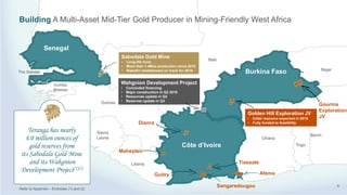 Senegal
Côte d’Ivoire
Burkina Faso
Mali
Guinea
Guinea-
Bisseau
The Gambia
Ghana
Benin
Niger
Sierra
Leone
Liberia
Togo
Sabodala Gold Mine
• Long-life mine
• More than 1.4Moz production since 2010
• Niakafiri resettlement on track for 2019
6
Wahgnion Development Project
• Concluded financing
• Major construction in Q2 2018
• Resources update in Q2
• Reserves update in Q3
Golden Hill Exploration JV
• Initial resource expected in 2018
• Fully funded to feasibility
Gourma
Exploration
JV
Guitry
Dianra
Mahepleu
Tiassale
Sangaredougou
Building A Multi-Asset Mid-Tier Gold Producer in Mining-Friendly West Africa
Teranga has nearly
4.0 million ounces of
gold reserves from
its Sabodala Gold Mine
and its Wahgnion
Development Project(1)(2)
Afema
Refer to Appendix – Endnotes (1) and (2)
 