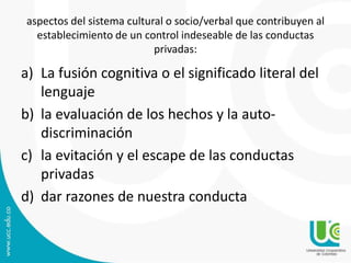 aspectos del sistema cultural o socio/verbal que contribuyen al
establecimiento de un control indeseable de las conductas
privadas:
a) La fusión cognitiva o el significado literal del
lenguaje
b) la evaluación de los hechos y la auto-
discriminación
c) la evitación y el escape de las conductas
privadas
d) dar razones de nuestra conducta
 