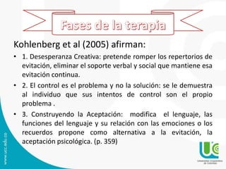 Kohlenberg et al (2005) afirman:
• 1. Desesperanza Creativa: pretende romper los repertorios de
evitación, eliminar el soporte verbal y social que mantiene esa
evitación continua.
• 2. El control es el problema y no la solución: se le demuestra
al individuo que sus intentos de control son el propio
problema .
• 3. Construyendo la Aceptación: modifica el lenguaje, las
funciones del lenguaje y su relación con las emociones o los
recuerdos propone como alternativa a la evitación, la
aceptación psicológica. (p. 359)
 