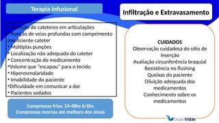 Terapia Infusional
Infiltração e Extravasamento
• Inserção de cateteres em articulações
• Punção de veias profundas com comprimento
insuficiente cateter
• Múltiplas punções
• Localização não adequada do cateter
• Concentração do medicamento
•Volume que “escapou” para o tecido
• Hiperosmolaridade
• Imobilidade do paciente
•Dificuldade em comunicar a dor
• Pacientes sedados
CUIDADOS
Observação cuidadosa do sítio de
inserção
Avaliação circunferência braquial
Resistência no flushing
Queixas do paciente
Diluição adequada dos
medicamentos
Conhecimento sobre os
medicamentos
Compressas frias: 24-48hs 6/6hs
Compressas mornas até melhora dos sinais
 