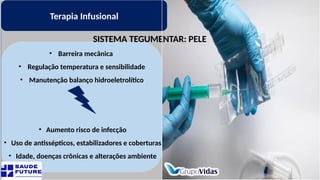 Terapia Infusional
SISTEMA TEGUMENTAR: PELE
• Barreira mecânica
• Regulação temperatura e sensibilidade
• Manutenção balanço hidroeletrolítico
• Aumento risco de infecção
• Uso de antissépticos, estabilizadores e coberturas
• Idade, doenças crônicas e alterações ambiente
 
