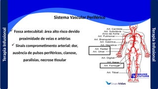 Sistema Vascular Periférico
 Fossa antecubital: área alto risco devido
proximidade de veias e artérias
 Sinais comprometimento arterial: dor,
ausência de pulsos periféricos, cianose,
paralisias, necrose tissular
Terapia
Infusional
Terapia
Infusional
 