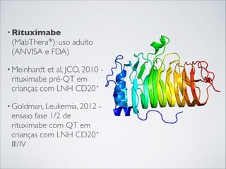 • Rituximabe

(MabThera®): uso adulto
(ANVISA e FDA)
• Meinhardt

et al, JCO, 2010 rituximabe pré-QT em
crianças com LNH CD20+ 

• Goldman, Leukemia, 2012

-

ensaio fase 1/2 de
rituximabe com QT em
crianças com LNH CD20+
III/IV

 