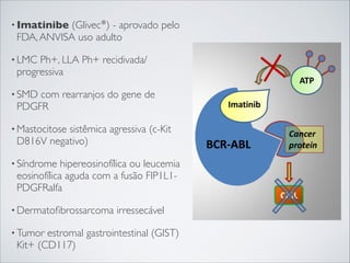 • Imatinibe

(Glivec®) - aprovado pelo
FDA, ANVISA uso adulto

• LMC

Ph+, LLA Ph+ recidivada/
progressiva

• SMD

com rearranjos do gene de
PDGFR

• Mastocitose

sistêmica agressiva (c-Kit
D816V negativo)

• Síndrome

hipereosinofílica ou leucemia
eosinofílica aguda com a fusão FIP1L1PDGFRalfa

• Dermatoﬁbrossarcoma
• Tumor

irressecável

estromal gastrointestinal (GIST)
Kit+ (CD117)

 
