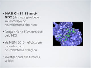 • MAB

Ch.14.18 antiGD2 (disialogangliosídeo):
imunoterapia do
neuroblastoma alto risco

• Droga

órfã no FDA, fornecida
pelo NCI

• Yu, NEJM, 2010

- eﬁcácia em

pacientes com
neuroblastoma avançado

• Investigacional

sólidos

em tumores

 