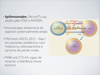 • Ipilimumabe

(Yervoy®): uso
adulto pelo FDA e ANVISA

• Imunoterapia

antitumoral de
espectro potencialmente amplo

• Merchant, ASCO, 2012

- fase I
em pacientes pediátricos com
melanoma, osteossarcoma e
sarcoma de partes moles

• MAB

anti-CTLA4, capaz de
reverter a tolerância imune
tumoral

 
