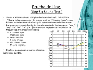 Prueba de Ling  (Ling Six Sound Test ) Siente al alumno como a tres pies de distancia usando su implante. Cúbrase la boca con un aro de terapia auditiva (“listening hoop” – una barrera especialmente diseñada para presentar sonido sin distorsión). Presente cada uno de los siguientes seis sonidos individualmente: “mm,” “oo,” “ah,” “ee,” “sh,” y “s.” (Estos sonidos representan la variedad de frecuencias presentes en el habla.) A como en agua U como en cuna I como en niña S como en sopa Ch como en charco M como en mamá Pídale al alumno que responda al sonido  cuando sea audible.  