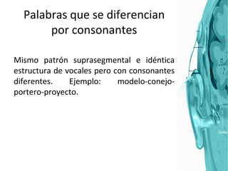 Palabras que se diferencian por consonantes Mismo patrón suprasegmental e idéntica estructura de vocales pero con consonantes diferentes. Ejemplo: modelo-conejo-portero-proyecto. 