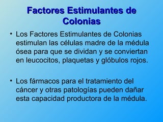 Factores Estimulantes de
             Colonias
• Los Factores Estimulantes de Colonias
  estimulan las células madre de la médula
  ósea para que se dividan y se conviertan
  en leucocitos, plaquetas y glóbulos rojos.

• Los fármacos para el tratamiento del
  cáncer y otras patologías pueden dañar
  esta capacidad productora de la médula.
 