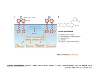 Erlotinib hydrochloride Jonathan Dowell, John D. Minna & Peter Kirkpatrick Nature Reviews Drug Discovery 4, 13-14
(January 2005) doi:10.1038/nrd1612

 