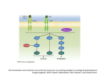 ALK translocation and crizotinib in non-small cell lung cancer: An evolving paradigm in oncology drug development
Giorgio Scagliottia, Rolf A. Stahelb, Rafael Rosellc, Nick Thatcherd, Jean-Charles Soriae

 