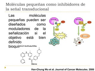 Moléculas pequeñas como inhibidores de
la señal transducional
Las
moléculas
pequeñas pueden ser
diseñados
como
moduladores de la
señalización
si
el
objetivo está bien
definido
bioquímicamente.

Han-Chung Wu et al. Journal of Cancer Molecules. 2006

 