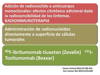 Adición de radionúclido a anticuerpos
monoclonales: efectos citotóxico adicional dada
la radiosensibilidad de los linfomas.
RADIOINMUNOTERAPIA

Administración de radionucleidos
directamente a superficie de células
tumorales
90Y-ibritumomab

tiuxetan (Zevalin)
Tositumomab (Bexxar)

131I-

Cancer Control.2012;19:196-203.
Am J Cancer Res 2012;2:676-690

 