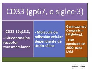 CD33 (gp67, o siglec-3)
Gemtuzumab
Ozogamicin
(Mylotarg).

- CD33 19q13.3,

- Molécula de

- Glucoproteína
receptor
transmembrana

adhesión celular
dependiente de - FDA
aprobado en
ácido sálico
2000 para
LAM

OMIM 159590

 