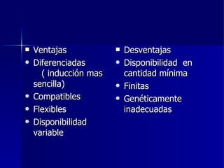 Ventajas Diferenciadas  ( inducción mas sencilla) Compatibles Flexibles Disponibilidad variable Desventajas Disponibilidad  en cantidad mínima Finitas Genéticamente inadecuadas 