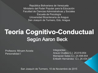 República Bolivariana de Venezuela
Ministerio del Poder Popular para la Educación
Facultad de Ciencias Administrativas y Sociales
Escuela de Psicología
Universidad Bicentenaria de Aragua
San Joaquín de Turmero, Edo. Aragua
Profesora: Miryam Acosta
Personalidad I
Integrantes:
Arausi Ovalles C.I. 25.618.854
Mariajosé Salas C.I. 25.698.654
Erlibeth Hernández C.I. 26.434.337
San Joaquín de Turmero, 10 de Noviembre de 2015
 