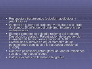 Respuesta a tratamientos (psicofarmacológicos y psicológicos). Intentos de superar el problema y resultado a lo largo del tiempo. Significado del problema. Interferencia en metas/valores. Ejemplo concreto de episodio reciente del problema. Descripción detallada. Ralentización de la secuencia. Intensidad de la respuesta emocional (1-100). Credibilidad subjetiva en aquel momento de los pensamientos asociados a la respuesta emocional (1-100). Contexto psicosocial actual (familiar, laboral, relaciones sociales, intereses/aficiones) Datos relevantes de la historia biográfica. 