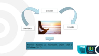 atención
conciencia
recuerdo
Practicas budistas de meditación. (Ruiz, Díaz y
Villalobos, 2012).
 