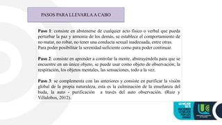 PASOS PARA LLEVARLAA CABO
Paso 1: consiste en abstenerse de cualquier acto físico o verbal que pueda
perturbar la paz y armonía de los demás, se establece el comportamiento de
no matar, no robar, no tener una conducta sexual inadecuada, entre otras.
Para poder posibilitar la serenidad suficiente como para poder continuar.
Paso 2: consiste en aprender a controlar la mente, abstrayéndola para que se
encuentre en un único objeto, se puede usar como objeto de observación; la
respiración, los objetos mentales, las sensaciones, todo a la vez.
Paso 3: se complementa con las anteriores y consiste en purificar la visión
global de la propia naturaleza, esta es la culminación de la enseñanza del
buda, la auto - purificación a través del auto observación. (Ruiz y
Villalobos, 2012).
 