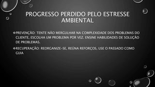 PROGRESSO PERDIDO PELO ESTRESSE
AMBIENTAL
PREVENÇÃO: TENTE NÃO MERGULHAR NA COMPLEXIDADE DOS PROBLEMAS DO
CLIENTE, ESCOLHA UM PROBLEMA POR VEZ. ENSINE HABILIDADES DE SOLUÇÃO
DE PROBLEMAS.
RECUPERAÇÃO: REORGANIZE-SE, REÚNA REFORÇOS, USE O PASSADO COMO
GUIA
 