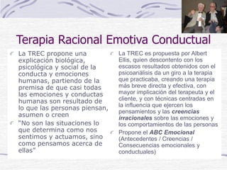 Terapia Racional Emotiva Conductual
La TREC propone una
explicación biológica,
psicológica y social de la
conducta y emociones
humanas, partiendo de la
premisa de que casi todas
las emociones y conductas
humanas son resultado de
lo que las personas piensan,
asumen o creen
“No son las situaciones lo
que determina como nos
sentimos y actuamos, sino
como pensamos acerca de
ellas”
La TREC es propuesta por Albert
Ellis, quien descontento con los
escasos resultados obtenidos con el
psicoanálisis da un giro a la terapia
que practicaba, creando una terapia
más breve directa y efectiva, con
mayor implicación del terapeuta y el
cliente, y con técnicas centradas en
la influencia que ejercen los
pensamientos y las creencias
irracionales sobre las emociones y
los comportamientos de las personas
Propone el ABC Emocional
(Antecedentes / Creencias /
Consecuencias emocionales y
conductuales)
 