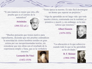 “Triste época la nuestra. Es más fácil desintegrar
un átomo que superar un prejuicio.”
“Algo he aprendido en mi larga vida: que toda
nuestra ciencia, contrastada con la realidad, es
primitiva y pueril; y, sin embargo, es lo más
valioso que tenemos.”
Albert Einstein
(1879-1955)
“Muchos pensarán que tienen motivo para
reprocharme, diciendo que mis pruebas contradicen
la autoridad de ciertos hombres tenidos en gran
estima por sus inexperimentadas teorías, sin
considerar que mis obras son el resultado de la
experiencia simple y llana, que es la verdadera
maestra.”
Leonardo Da Vinci
(1452-1519)
“Si una manera es mejor que otra, ello
prueba que es el camino de la
naturaleza”
Aristóteles
(384-322 a.C.)
“La educación es lo que sobrevive
cuando todo lo que se ha aprendido
se ha olvidado.”
B. F. Skinner
(1904-1990)
 
