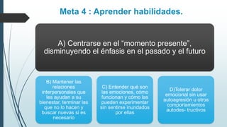 A) Centrarse en el “momento presente”,
disminuyendo el énfasis en el pasado y el futuro
B) Mantener las
relaciones
interpersonales que
les ayudan a su
bienestar, terminar las
que no lo hacen y
buscar nuevas si es
necesario
C) Entender qué son
las emociones, cómo
funcionan y cómo las
pueden experimentar
sin sentirse inundados
por ellas
D)Tolerar dolor
emocional sin usar
autoagresión u otros
comportamientos
autodes- tructivos
Meta 4 : Aprender habilidades.
 