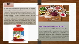 Zinc
El zinc es un oligoelemento importante que las personas
necesitan para mantenerse saludables.
Ayuda al sistema inmunitario a combatir bacterias y virus
que invaden al cuerpo. El cuerpo también necesita zinc para
fabricar proteínas y el ADN, el material genético presente
en todas las células.
Durante el embarazo, la infancia y la niñez, el organismo
requiere zinc para crecer y desarrollarse bien, el zinc
también favorece la cicatrización de las heridas y el
funcionamiento normal del sentido del gusto y el olfato.
¿Qué alimentos son fuente de zinc?
Se encuentra en la variedad de alimentos, entre ellos:
carnes rojas, carnes de ave, mariscos como cangrejo y
langosta, y cereales para el desayuno fortificados, que
son fuentes buenas de zinc; y ostras, que son la mejor
fuente de zinc; frijoles, frutos secos, cereales integrales
y productos lácteos, que también aportan el zinc.
 