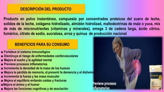 DESCRIPCIÓN DEL PRODUCTO
Producto en polvo instantáneo, compuesto por concentrados proteicos del suero de leche,
solidos de la leche, colágeno hidrolizado, almidón hidrolizad, maltodextrinas de maíz o yuca, mix
de más de micronutrientes (vitaminas y minerales), omega 3 de cadena larga, ácido cítrico,
fumárico, citrato de sodio, sucralosa, arroz y quinua de producción nacional
BENEFICIOS PARA SU CONSUMO
■ Fortalece el sistema inmunológico
■ Disminuye el riesgo de enfermedades cardiovasculares
■ Mejora el sueño y la agilidad mental
■ Previene procesos inflamatorios
■ Incrementa la densidad de la masa de los huesos
■ Mejora la pérdida de memoria, al prevenir la demencia y el Alzheimer
■ Incrementa la fuerza y las masa muscular
■ Mejora el equilibrio evitando caídas y fracturas
■Mejora el ánimo y el humor
■ Mejora las funciones cognitivas y de asociación
 