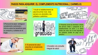 PASOS PARA ADQUIRIR EL COMPLEMENTO NUTRICIONAL ( CARMELO)
1:Acudir al establecimiento de
salud de primer nivel (mas
cercano a tu domicilio) y los
jubilados a policlínico.
2: Presentar carnet de identidad o libreta
del servicio militar o pasaporte en el
establecimiento de salud y la ultima
boleta del cobro de la renta dignidad y
los jubilados (boleta de pago de su
pensión)
3:Acceder a la consulta
integral de salud
4: El personal de salud
prescribe el complemento
nutricional
5:Personal de salud entrega el
complemento nutricional e
informa sobre los beneficios para
su consumo y cuidados en el
hogar.
 
