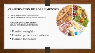 • Por su origen: animal, vegetal y mineral.
• Por su consistencia: sólidos, líquidos, semisólidos.
CLASIFICACIÓN DE LOS ALIMENTOS
FUNCIÓN QUE CUMPLEN LOS
ALIMENTOS EN EL ORGANISMO
• Función energética
• Función protectora reguladora
• Función formadora
 