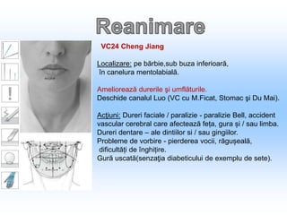VC24 Cheng Jiang
Localizare: pe bărbie,sub buza inferioară,
în canelura mentolabială.
Ameliorează durerile şi umflăturile.
Deschide canalul Luo (VC cu M.Ficat, Stomac şi Du Mai).
Acţiuni: Dureri faciale / paralizie - paralizie Bell, accident
vascular cerebral care afectează feța, gura și / sau limba.
Dureri dentare – ale dintiilor si / sau gingiilor.
Probleme de vorbire - pierderea vocii, răgușeală,
dificultăți de înghițire.
Gură uscată(senzaţia diabeticului de exemplu de sete).
 