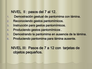 NIVEL II : pasos del 7 al 12.
1. Demostración gestual de pantomima con lámina.
2. Reconociendo gestos pantomímicos.
3. Instrucción para gestos pantomímicos.
4. Produciendo gestos pantomímicos .
5. Demostrando la pantomima en ausencia de la lámina.
6. Produciendo pantomima para lámina ausente.
NIVEL III: Pasos de 7 a 12 con tarjetas de
objetos pequeños.
 